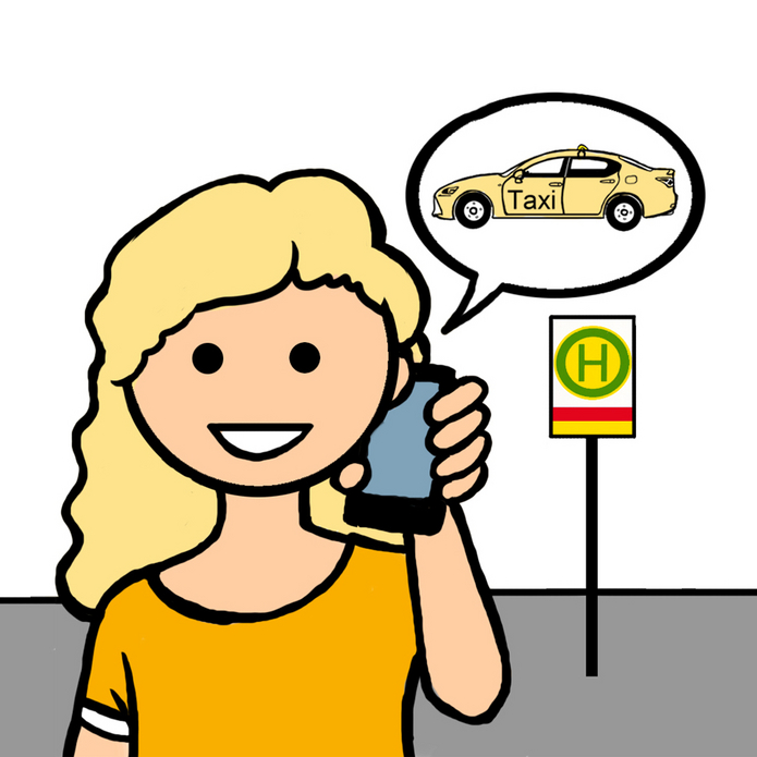 Zeichnung Eine Frau telefoniert um den TaxiBus zu bestellen.