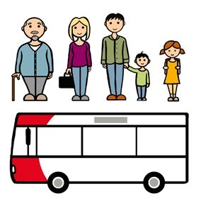 Ein Schaubild von einem Bus und fünf Personen.
